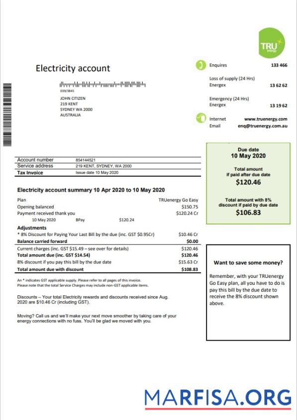 Printable Australia Tru Energy electricity utility bill template in Word and PDF format